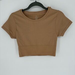 Offline By Aerie Crop Top Women Size S Tan Nylon Elastane Stretch Short Sleeve
